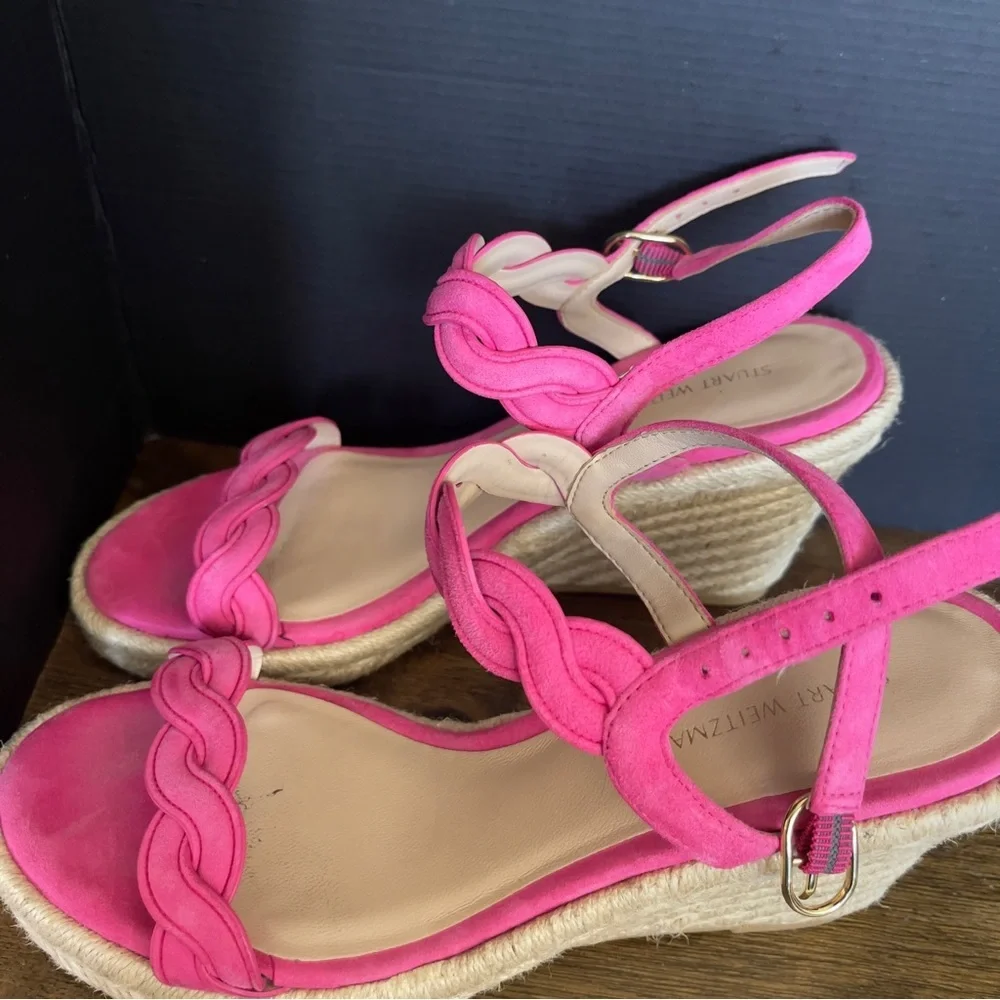 Stuart Weitzman Espadrille wedge suede sandals Twist Buckle Pink Women's 6